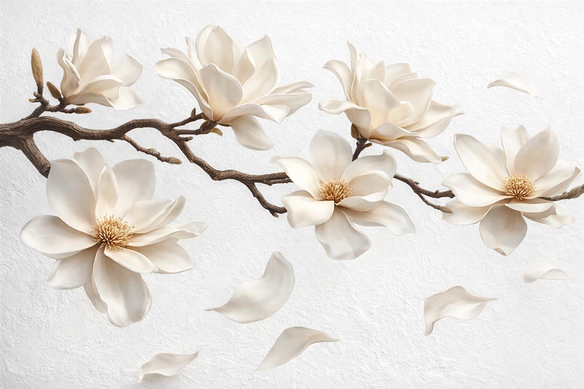 Fototapeta Gałązka drzewa z subtelnymi kwiatami magnolii i opadającymi płatkami.