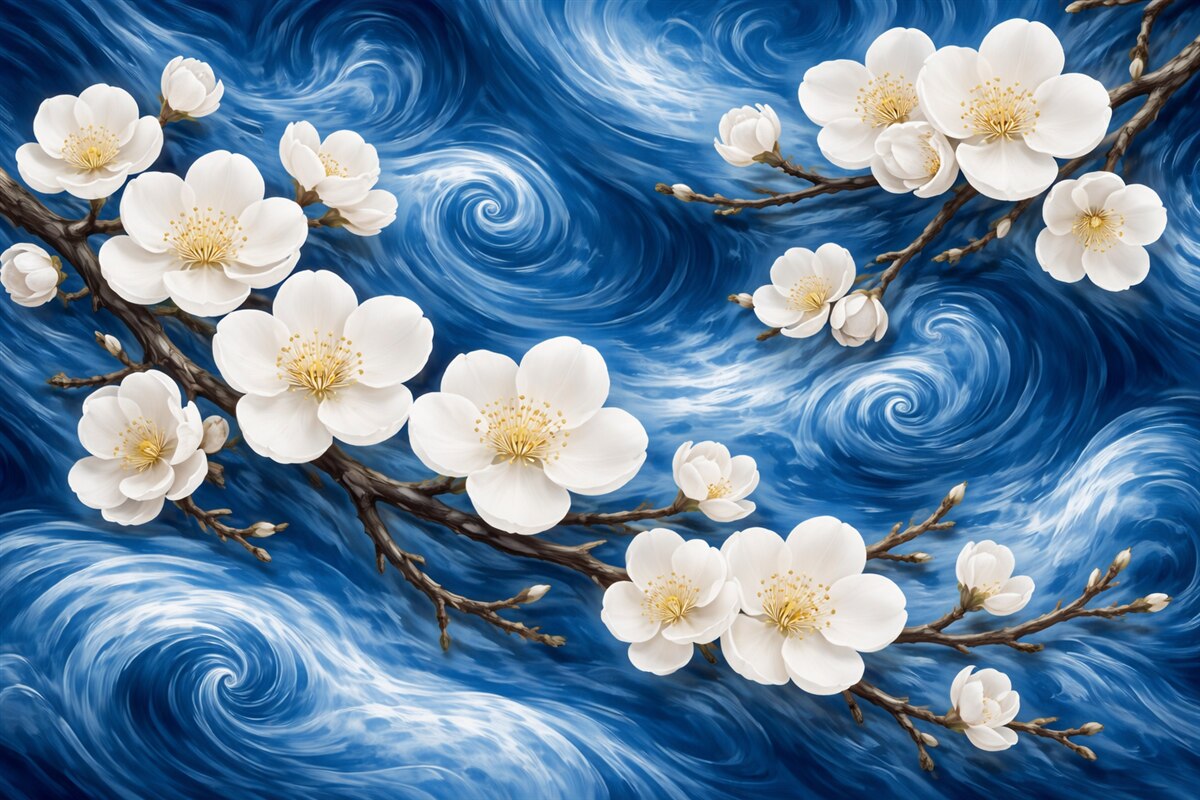 Fototapeta Kwitnące drzewo migdałowe w stylu Van Gogha, jasne kwiaty na tle pochmurnego błękitnego nieba.