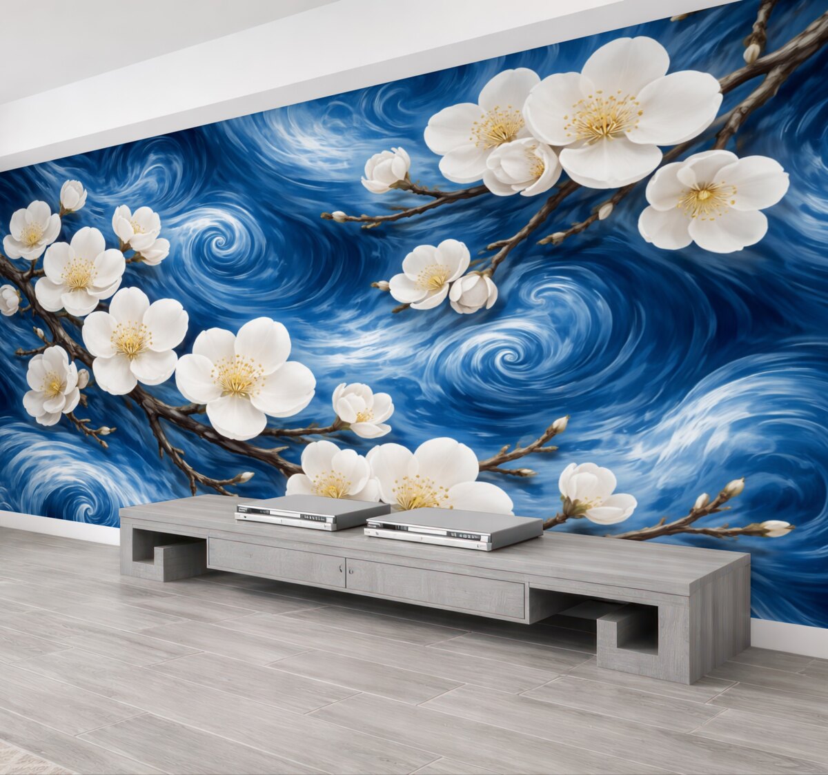 Fototapeta Kwitnące drzewo migdałowe w stylu Van Gogha, jasne kwiaty na tle pochmurnego błękitnego nieba.