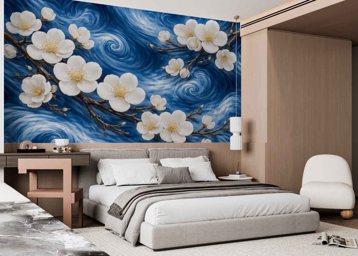 Fototapeta Kwitnące drzewo migdałowe w stylu Van Gogha, jasne kwiaty na tle pochmurnego błękitnego nieba.