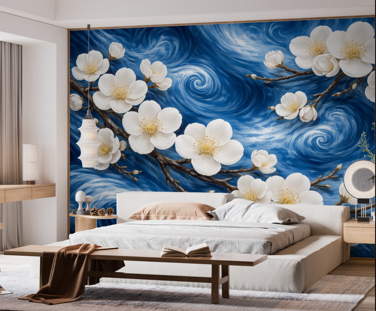 Fototapeta Kwitnące drzewo migdałowe w stylu Van Gogha, jasne kwiaty na tle pochmurnego błękitnego nieba.