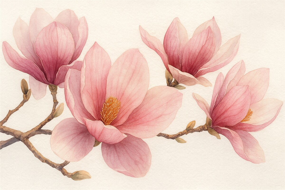 Fototapeta Różowe wiosenne kwiaty magnolii w akwarelowym stylu na jasnoszarym tle.