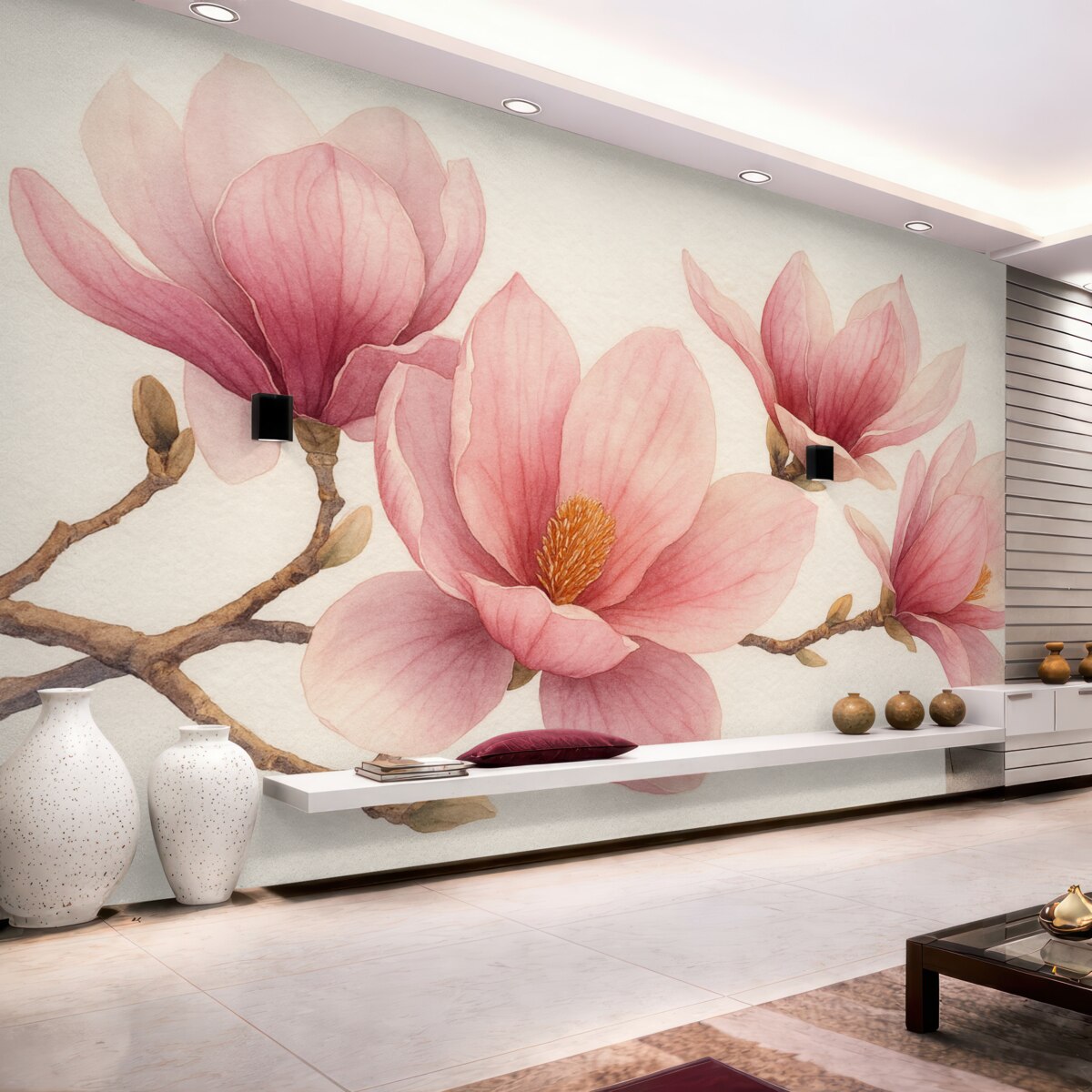 Fototapeta Różowe wiosenne kwiaty magnolii w akwarelowym stylu na jasnoszarym tle.