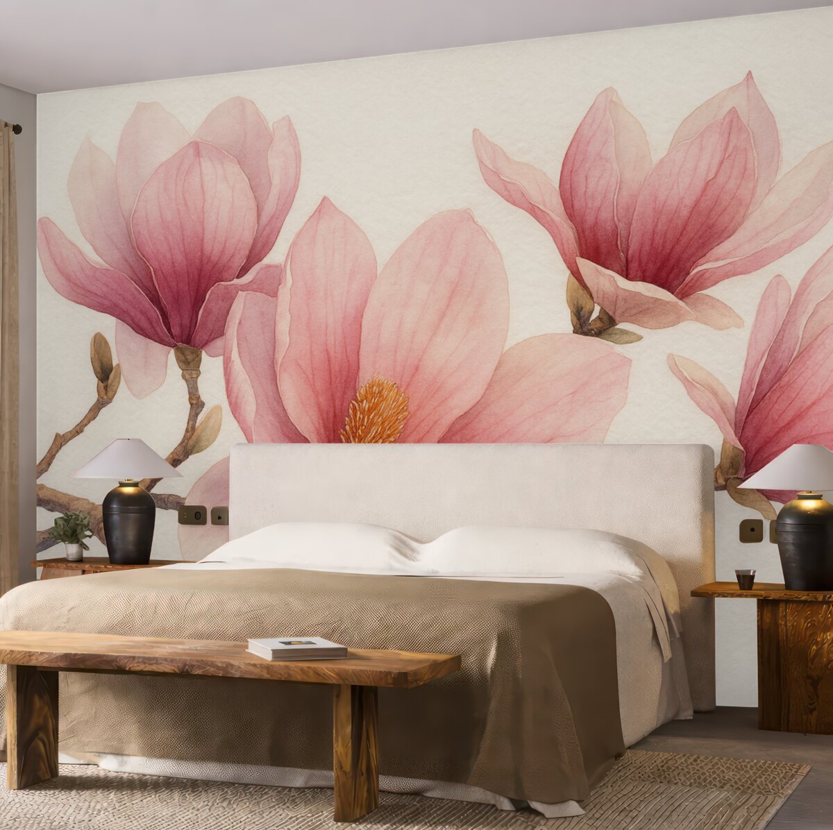 Fototapeta Różowe wiosenne kwiaty magnolii w akwarelowym stylu na jasnoszarym tle.