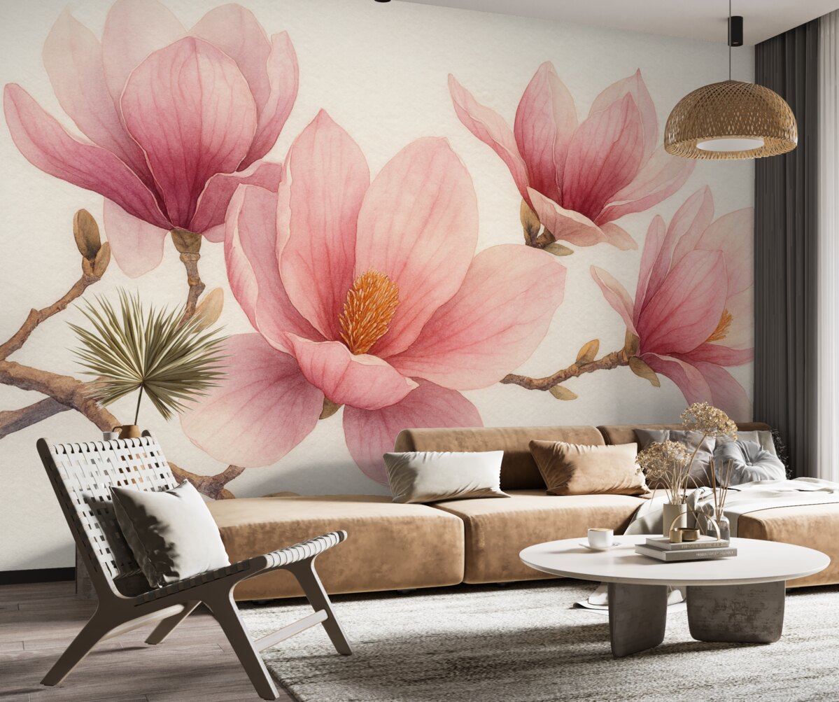 Fototapeta Różowe wiosenne kwiaty magnolii w akwarelowym stylu na jasnoszarym tle.