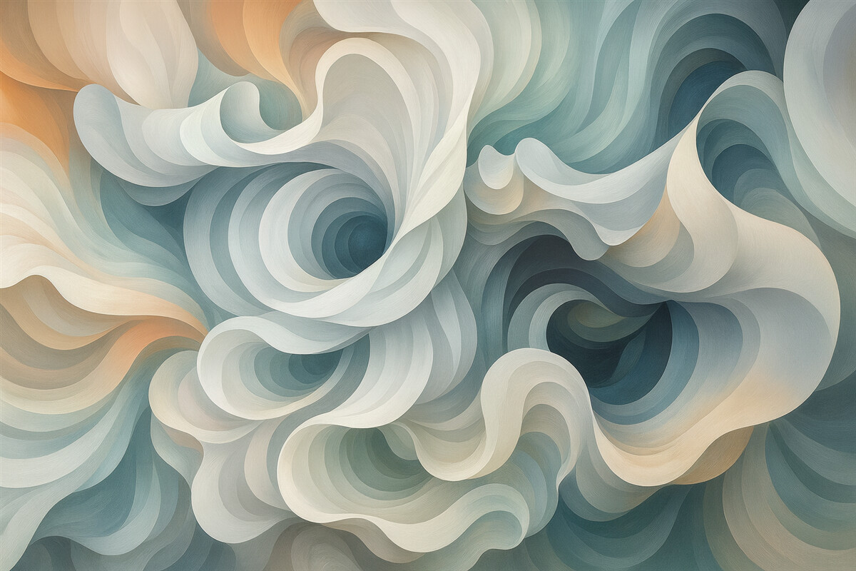 Fototapeta Kontrastująca abstrakcja z zawirowanym wzorem w tonacjach pomarańczu, zieleni i błękitu.