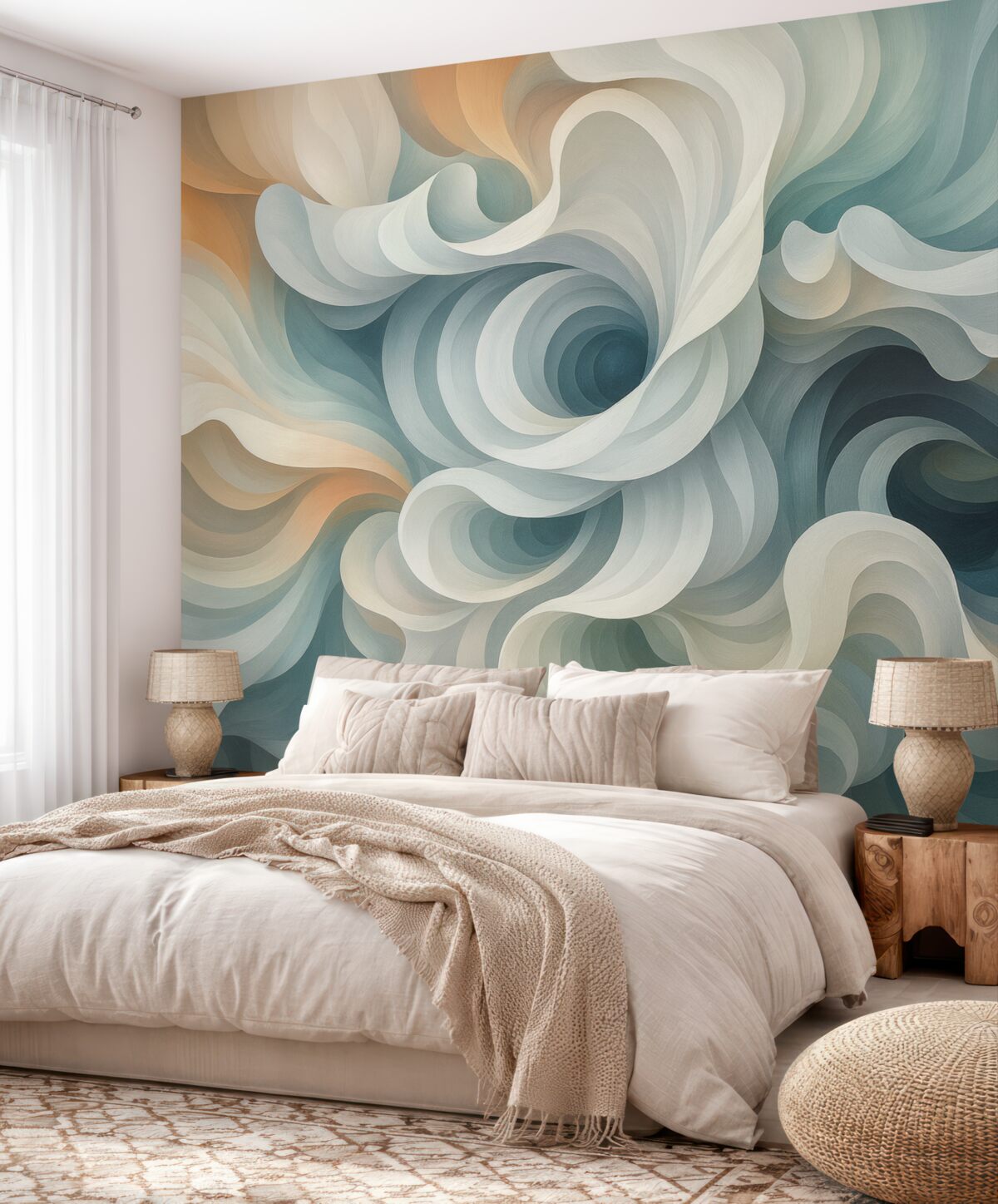 Fototapeta Kontrastująca abstrakcja z zawirowanym wzorem w tonacjach pomarańczu, zieleni i błękitu.