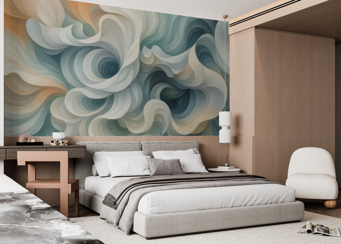 Fototapeta Kontrastująca abstrakcja z zawirowanym wzorem w tonacjach pomarańczu, zieleni i błękitu.