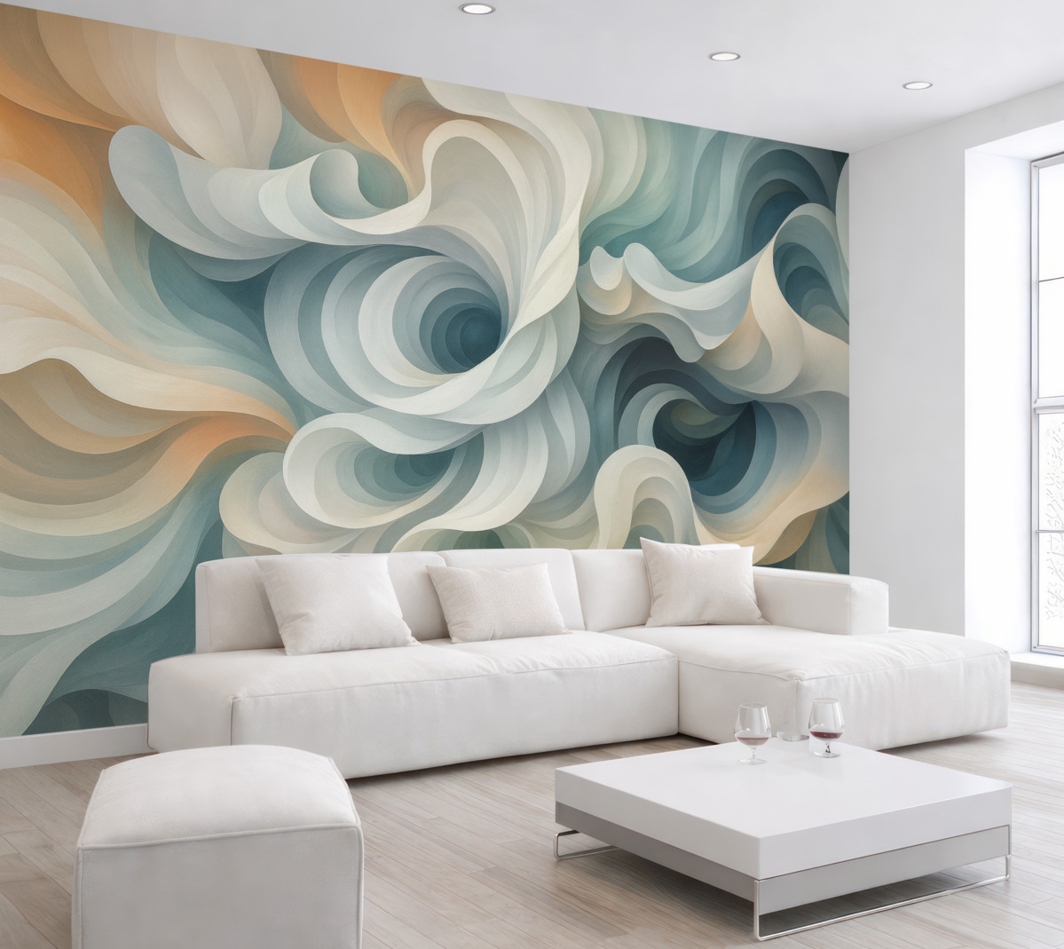 Fototapeta Kontrastująca abstrakcja z zawirowanym wzorem w tonacjach pomarańczu, zieleni i błękitu.