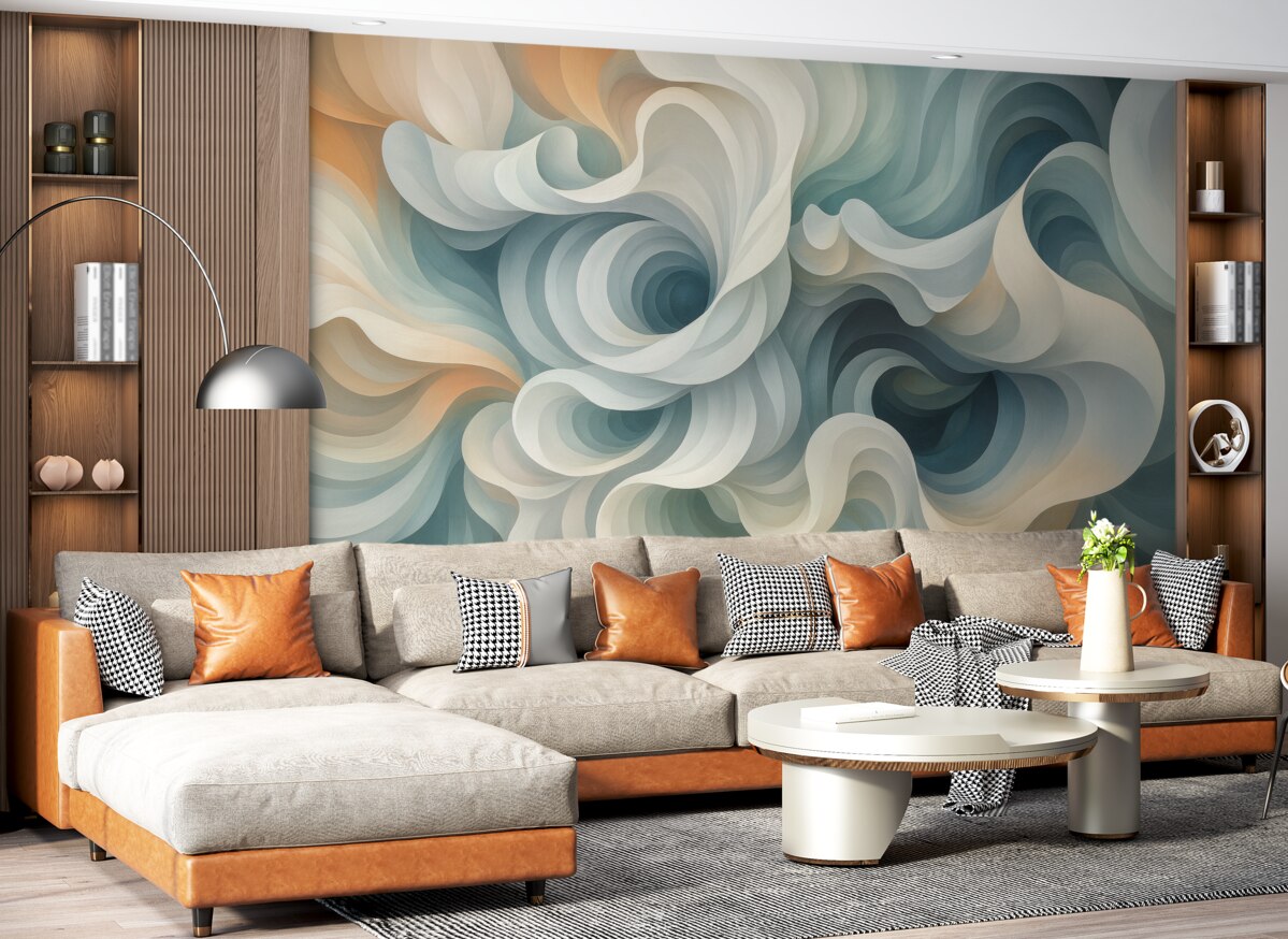 Fototapeta Kontrastująca abstrakcja z zawirowanym wzorem w tonacjach pomarańczu, zieleni i błękitu.