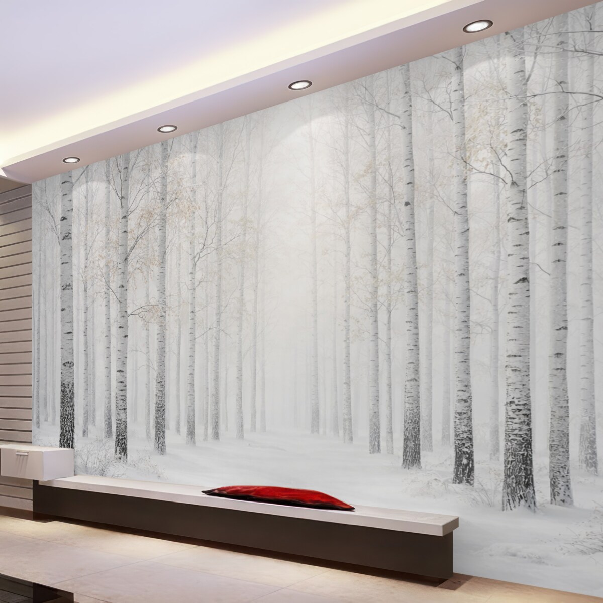 Fototapeta Gęsty las pokryty śniegiem zimą.