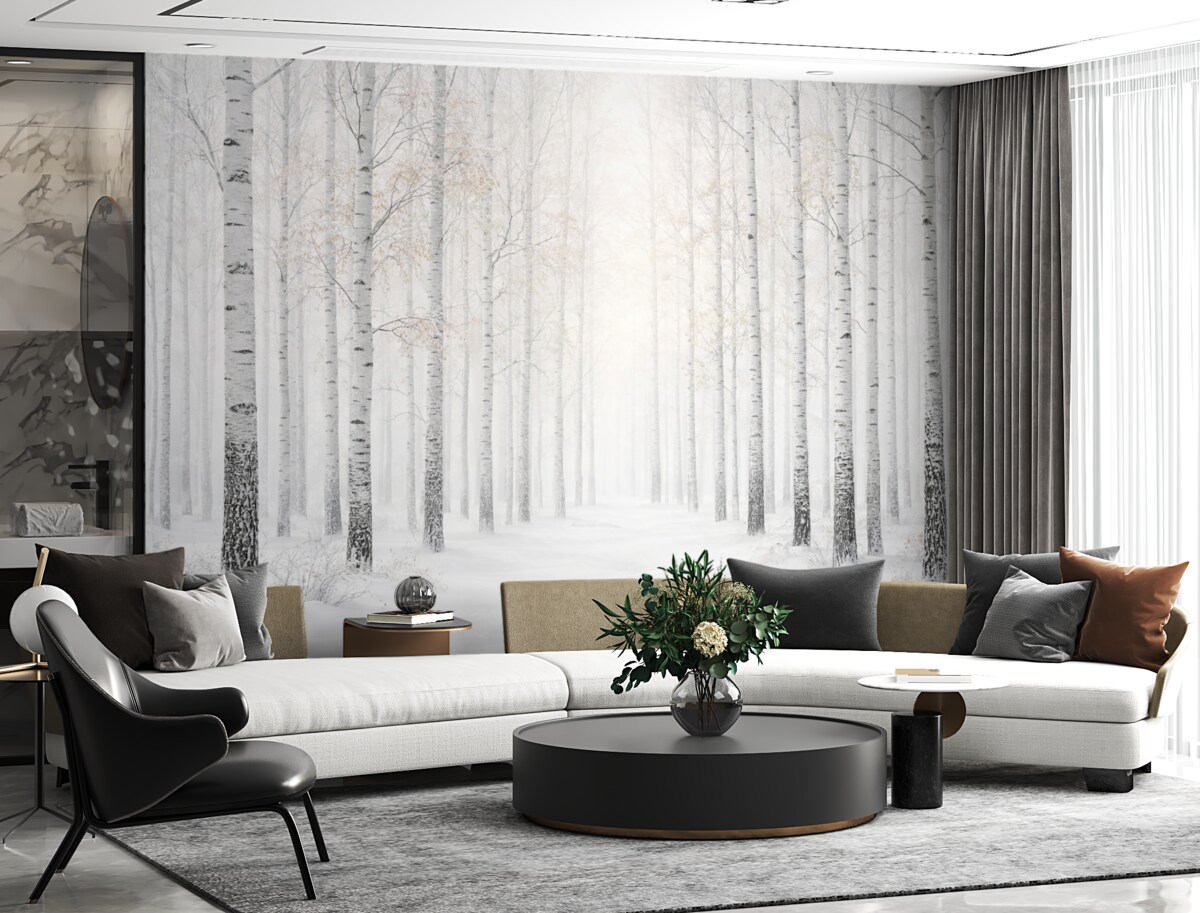 Fototapeta Gęsty las pokryty śniegiem zimą.