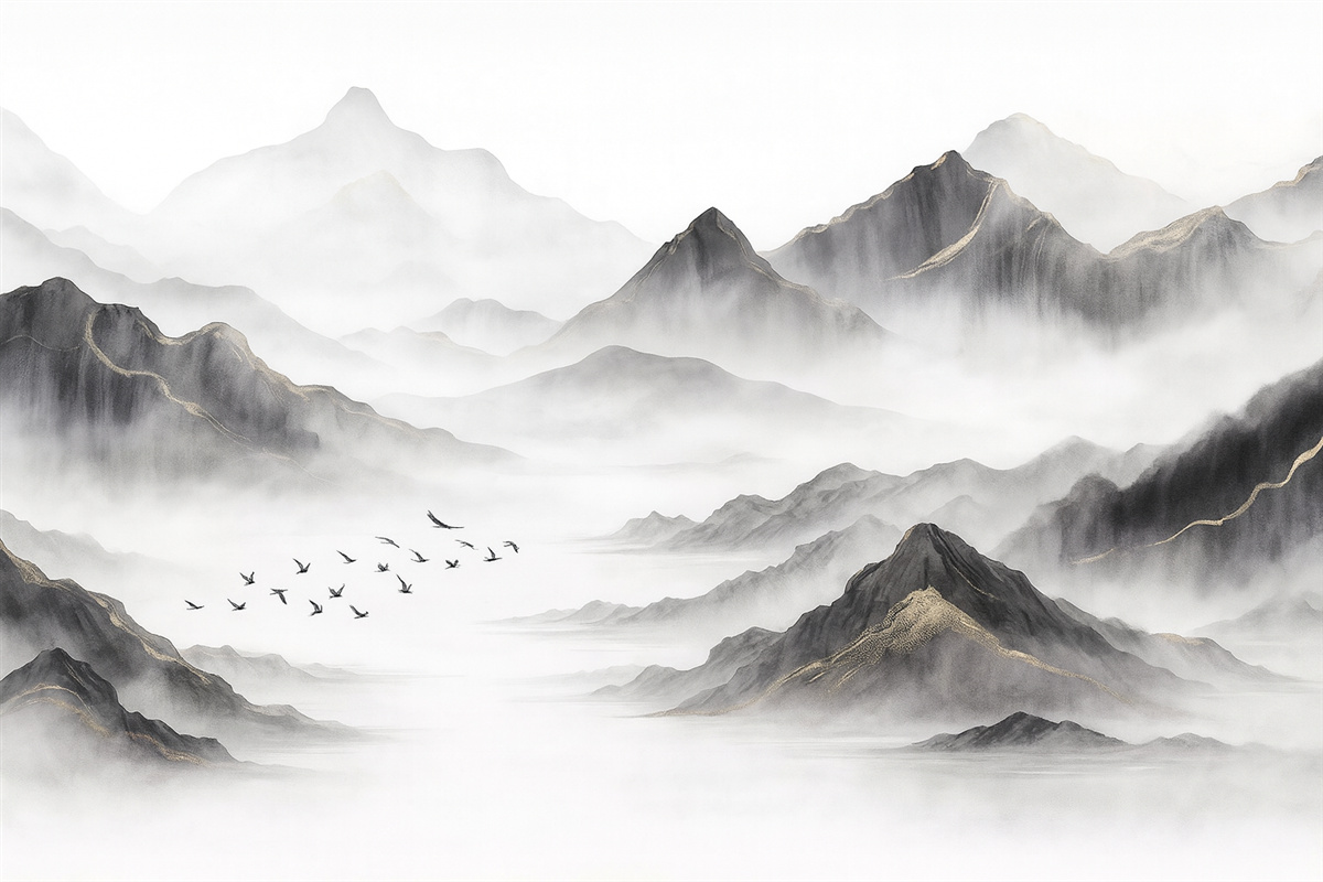 Fototapeta Subtelne wzgórza w obłokach w technice akwarelowej.