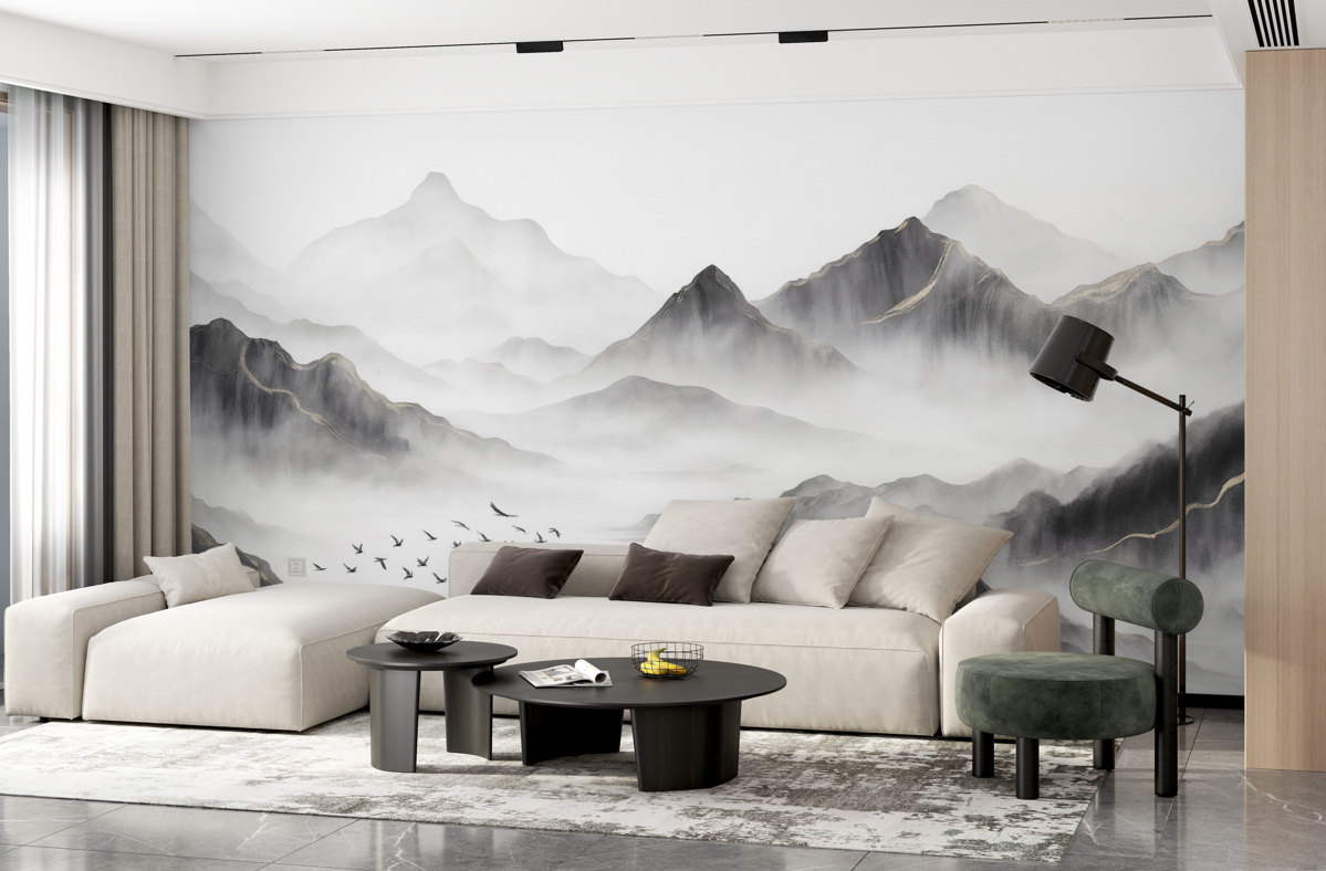 Fototapeta Subtelne wzgórza w obłokach w technice akwarelowej.