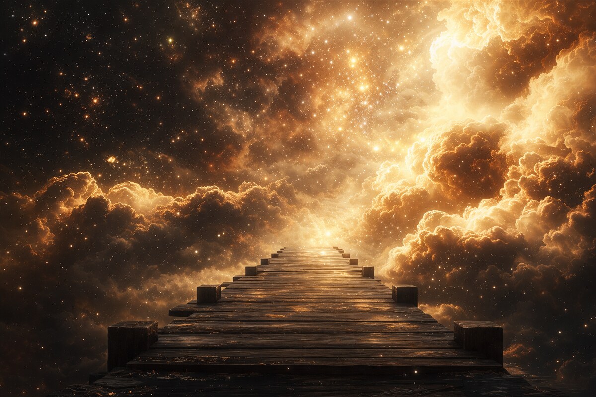 Fototapeta Kosmiczne żółto-czarne gwiaździste niebo z drewnianym bulwarem.