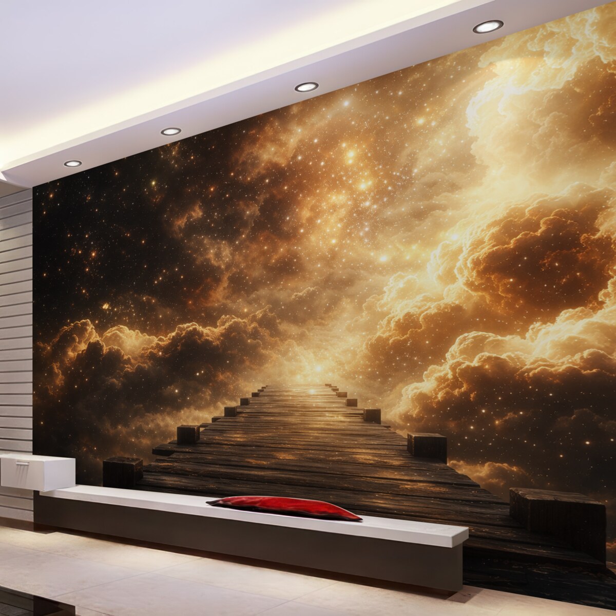 Fototapeta Kosmiczne żółto-czarne gwiaździste niebo z drewnianym bulwarem.