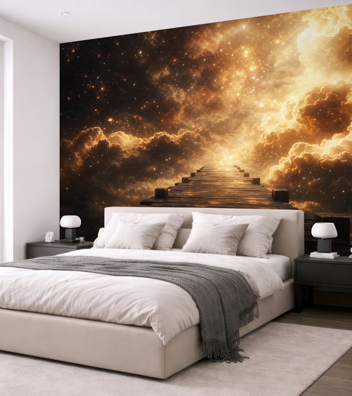 Fototapeta Kosmiczne żółto-czarne gwiaździste niebo z drewnianym bulwarem.