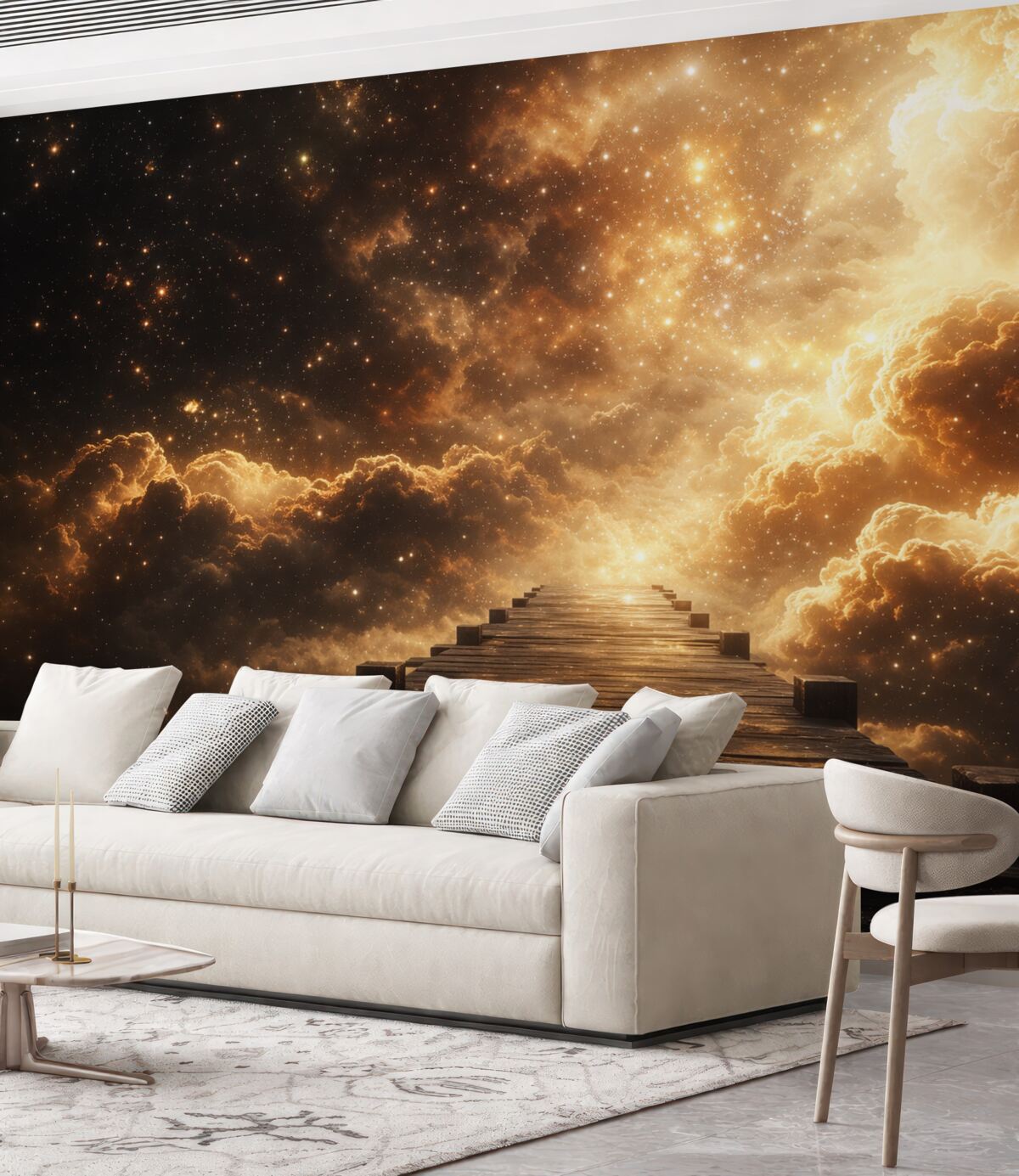 Fototapeta Kosmiczne żółto-czarne gwiaździste niebo z drewnianym bulwarem.