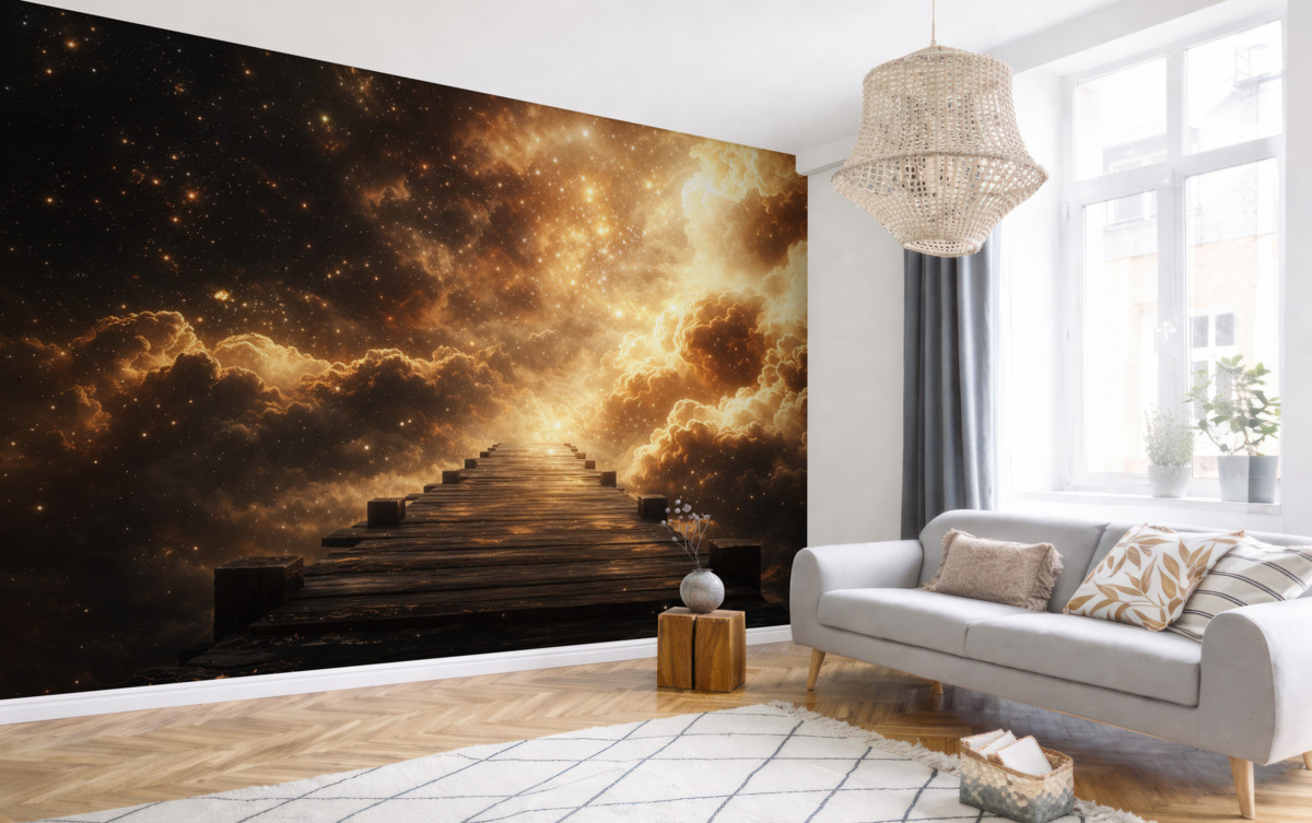 Fototapeta Kosmiczne żółto-czarne gwiaździste niebo z drewnianym bulwarem.