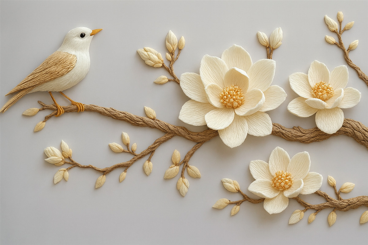 Fototapeta W stylu wyszywanych kwiatów magnolii z ptakiem na gałęzi na jasnoniebieskim tle.