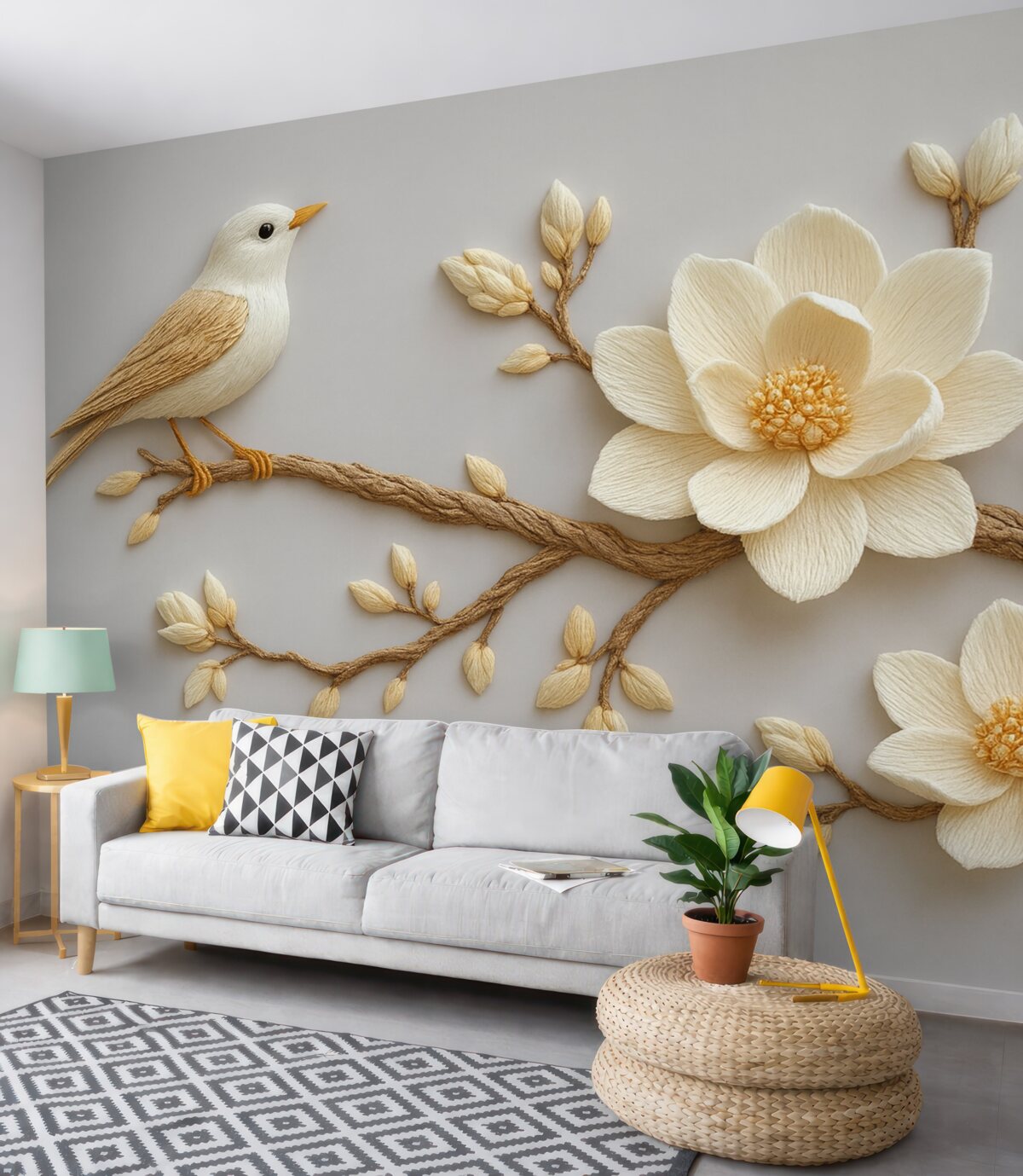 Fototapeta W stylu wyszywanych kwiatów magnolii z ptakiem na gałęzi na jasnoniebieskim tle.