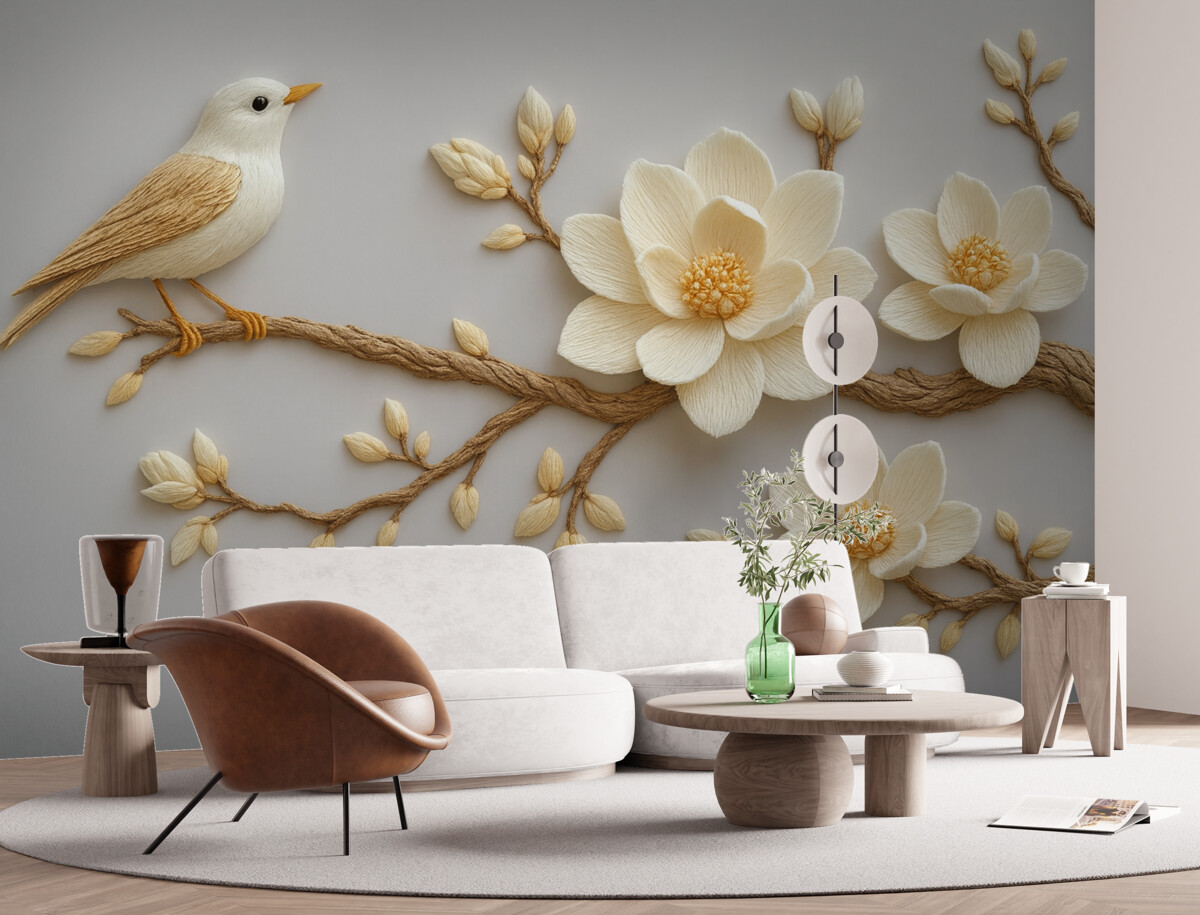 Fototapeta W stylu wyszywanych kwiatów magnolii z ptakiem na gałęzi na jasnoniebieskim tle.