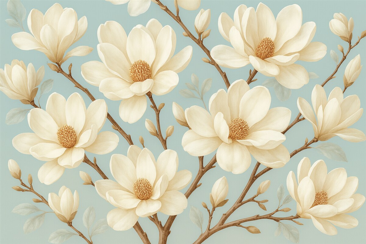 Fototapeta Wzór białych kwiatów magnolii, delikatne niebieskie tło, białe liście oraz gałęzie.