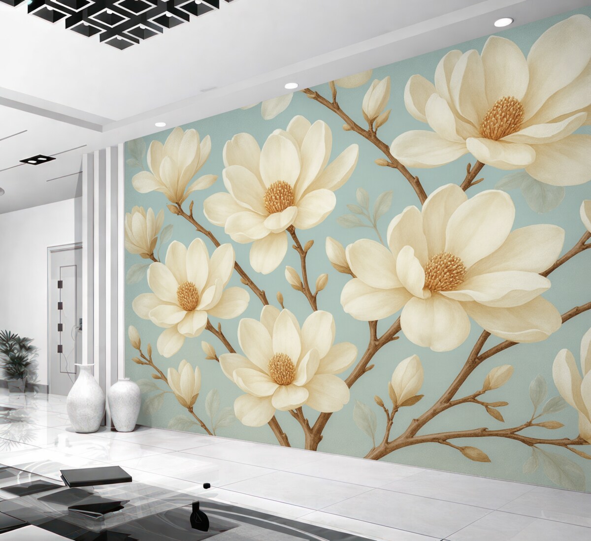 Fototapeta Wzór białych kwiatów magnolii, delikatne niebieskie tło, białe liście oraz gałęzie.