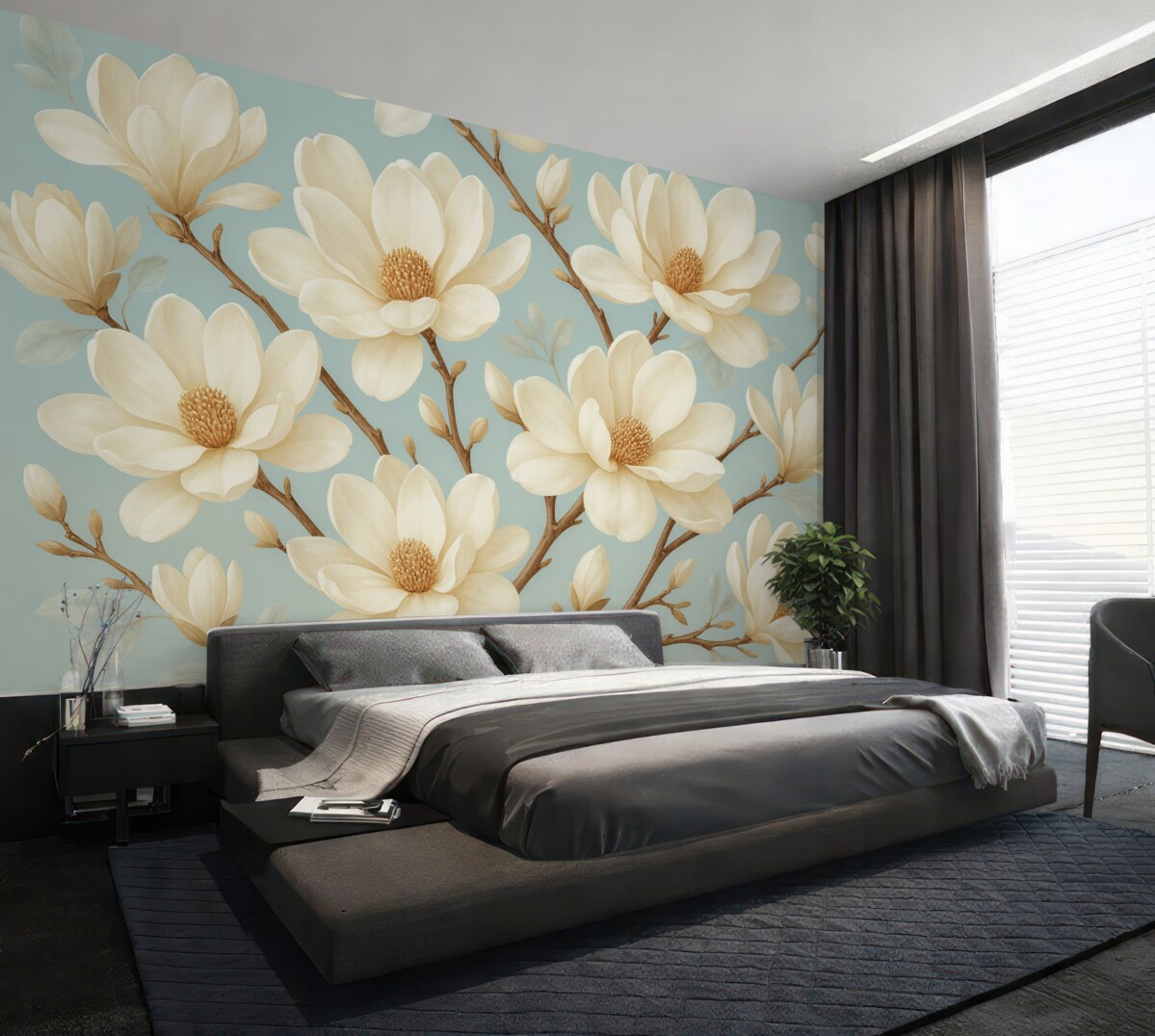 Fototapeta Wzór białych kwiatów magnolii, delikatne niebieskie tło, białe liście oraz gałęzie.