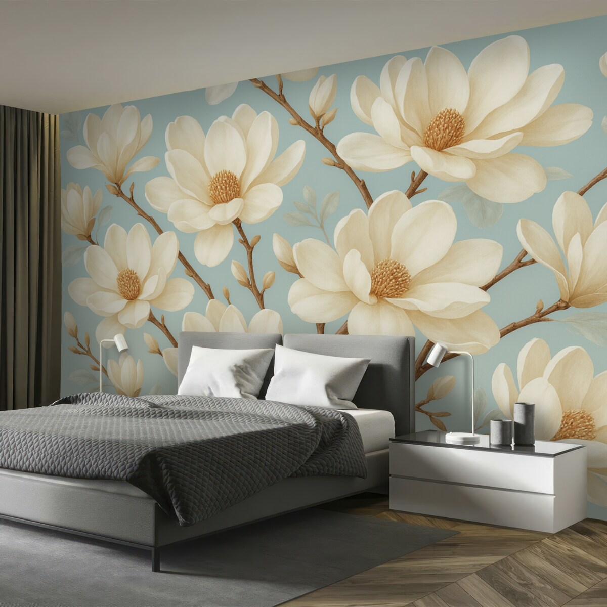 Fototapeta Wzór białych kwiatów magnolii, delikatne niebieskie tło, białe liście oraz gałęzie.