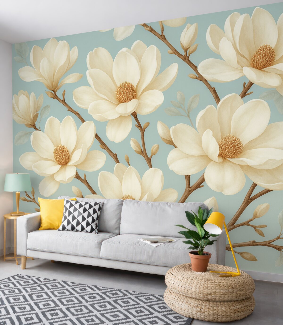 Fototapeta Wzór białych kwiatów magnolii, delikatne niebieskie tło, białe liście oraz gałęzie.