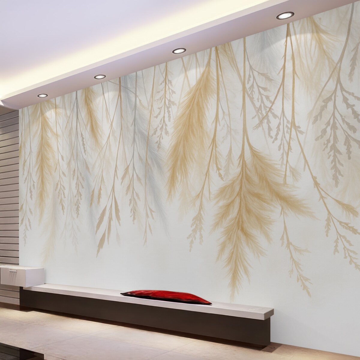 Fototapeta Subtelne trawy, kłosy oraz rośliny w pastelowych odcieniach, rozmieszczone w kaskadowy wzór na jasnym tle.