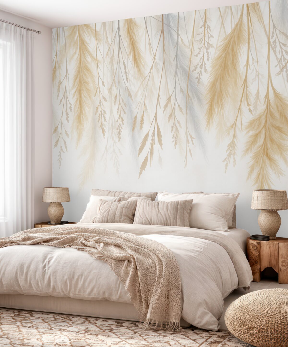 Fototapeta Subtelne trawy, kłosy oraz rośliny w pastelowych odcieniach, rozmieszczone w kaskadowy wzór na jasnym tle.