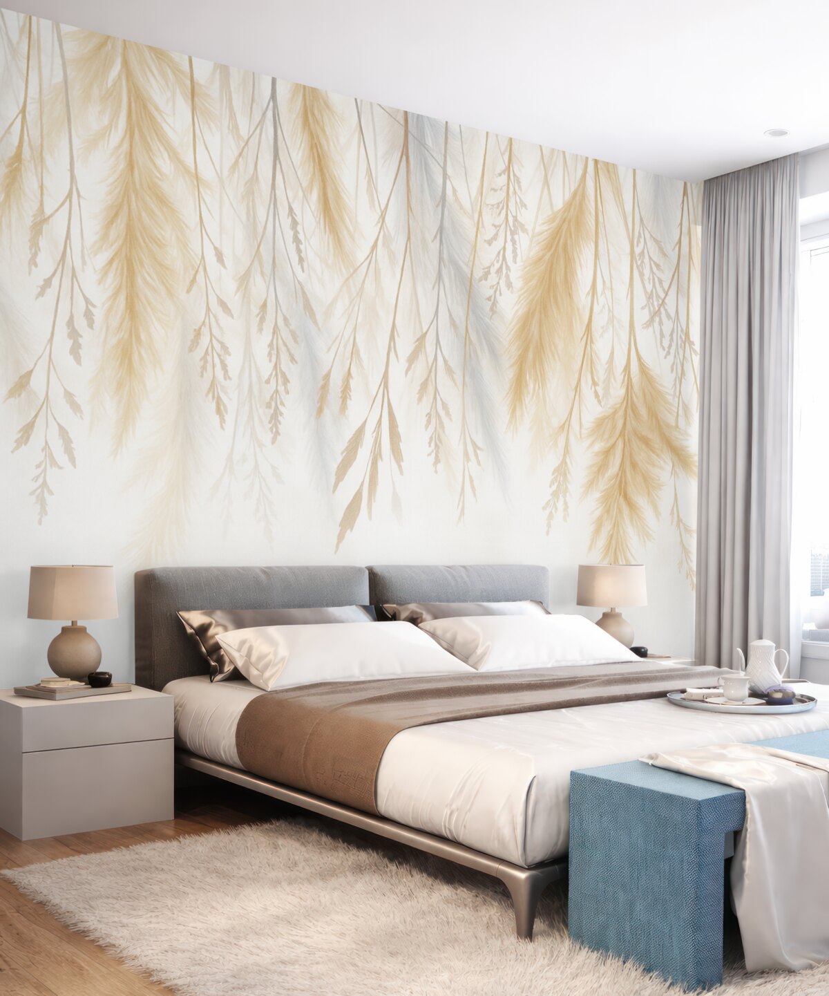 Fototapeta Subtelne trawy, kłosy oraz rośliny w pastelowych odcieniach, rozmieszczone w kaskadowy wzór na jasnym tle.