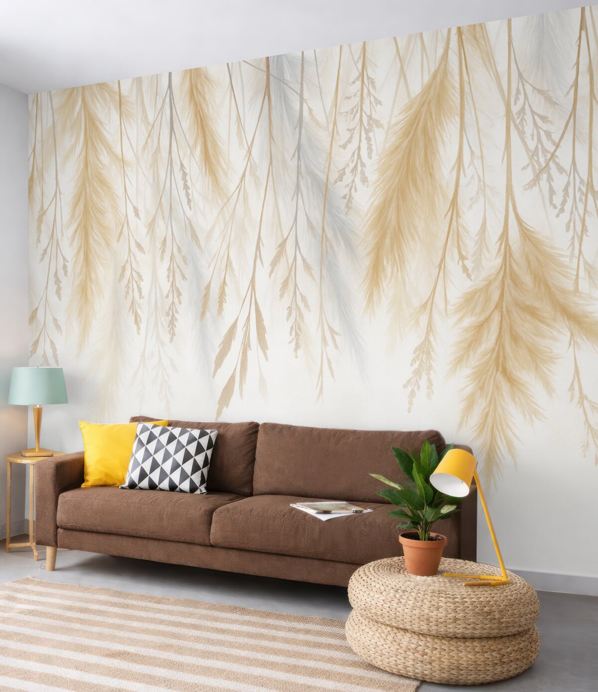 Fototapeta Subtelne trawy, kłosy oraz rośliny w pastelowych odcieniach, rozmieszczone w kaskadowy wzór na jasnym tle.