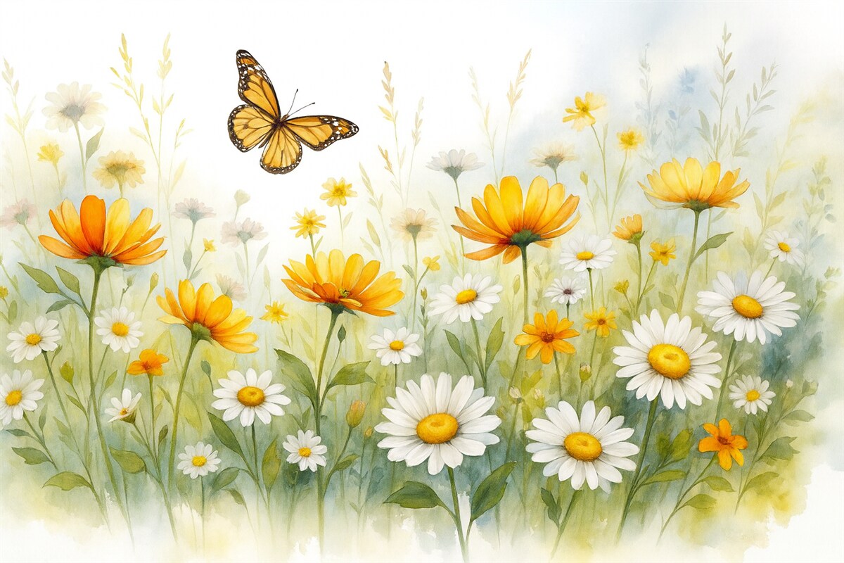 Fototapeta Jasne, akwarelowe łąka kwiatów z pomarańczowymi i żółtymi roślinami oraz motylem unoszącym się nad nimi.