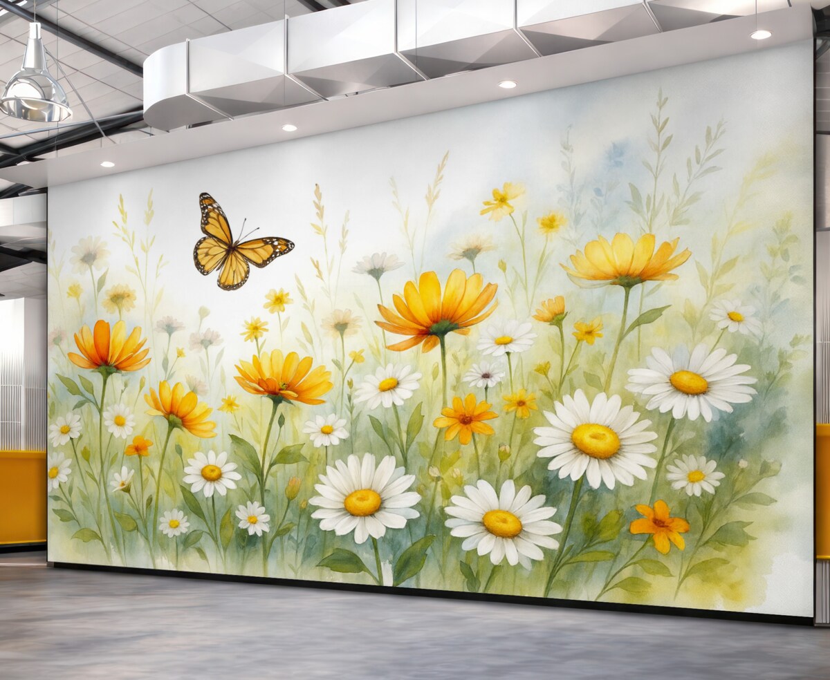 Fototapeta Jasne, akwarelowe łąka kwiatów z pomarańczowymi i żółtymi roślinami oraz motylem unoszącym się nad nimi.