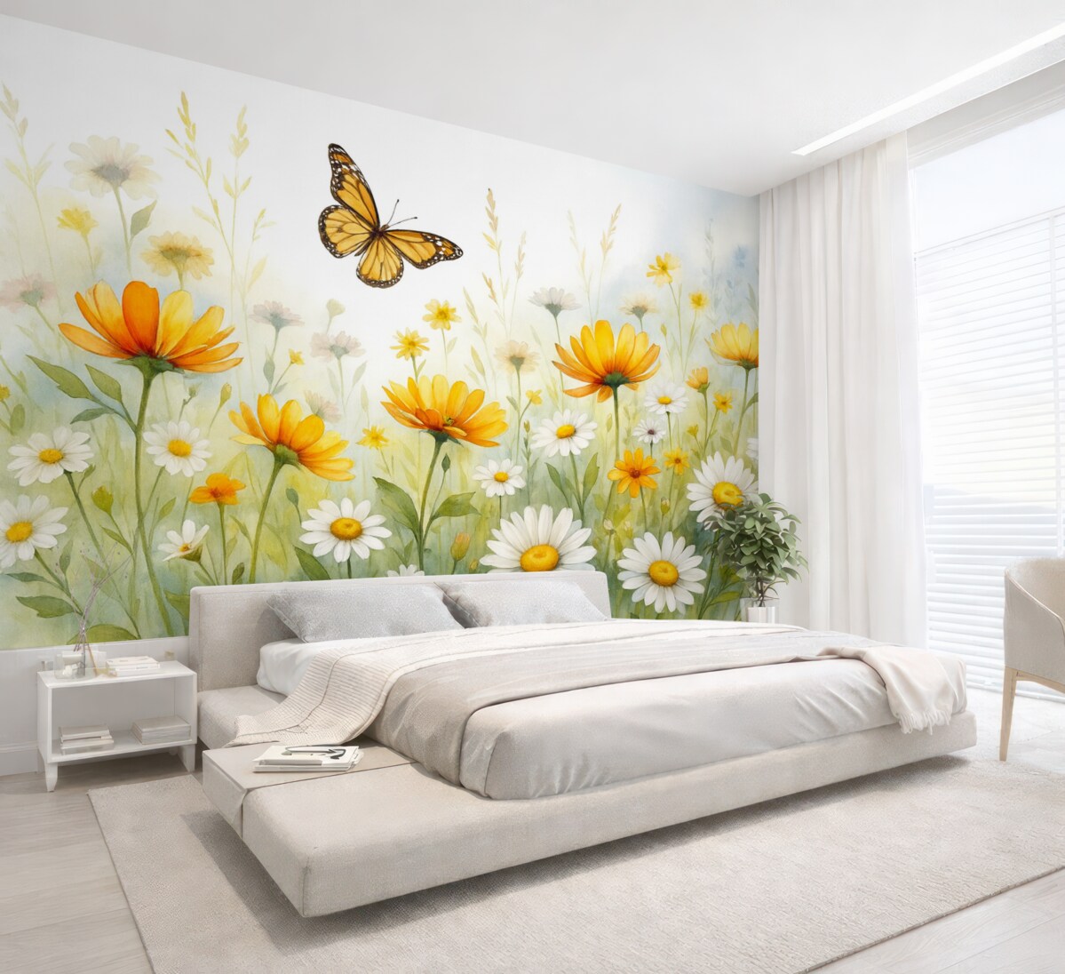 Fototapeta Jasne, akwarelowe łąka kwiatów z pomarańczowymi i żółtymi roślinami oraz motylem unoszącym się nad nimi.