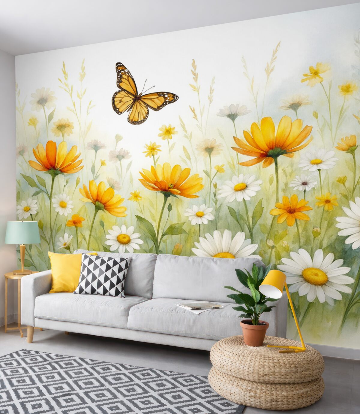 Fototapeta Jasne, akwarelowe łąka kwiatów z pomarańczowymi i żółtymi roślinami oraz motylem unoszącym się nad nimi.