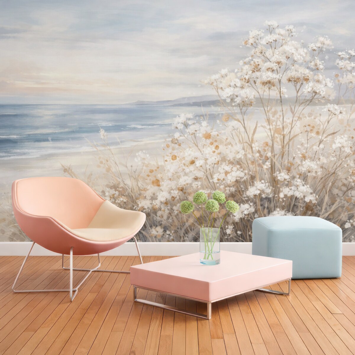 Fototapeta Białe, abstrakcyjne kwiaty z subtelnymi łodygami w trawie, na łagodnym, stonowanym tle cichego morza i nieba.