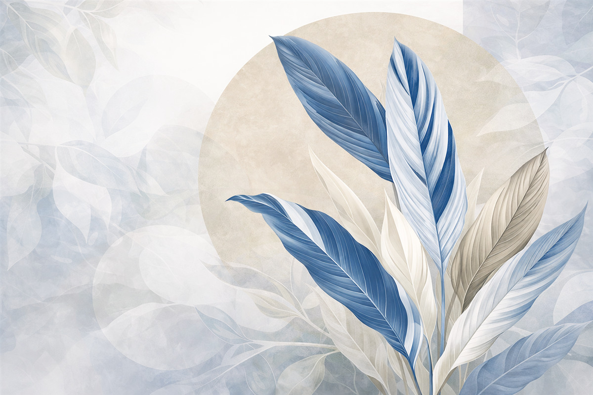 Fototapeta Wsp współczesna i abstrakcyjna geometryczna kompozycja teksturalna z precyzyjnymi liśćmi w tonacjach niebieskiego, beżowego i białego.