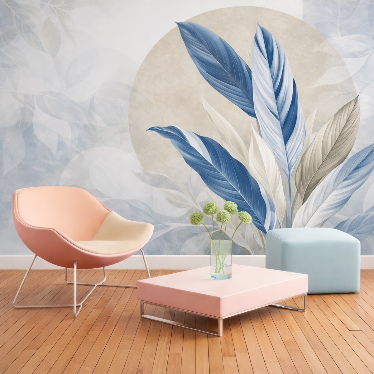 Fototapeta Wsp współczesna i abstrakcyjna geometryczna kompozycja teksturalna z precyzyjnymi liśćmi w tonacjach niebieskiego, beżowego i białego.