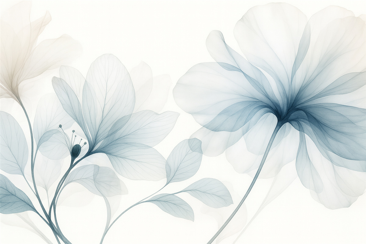 Fototapeta Niebieskie abstrakcyjne rośliny z delikatnymi, półprzezroczystymi płatkami oraz subtelnymi detalami na jasnym tle.