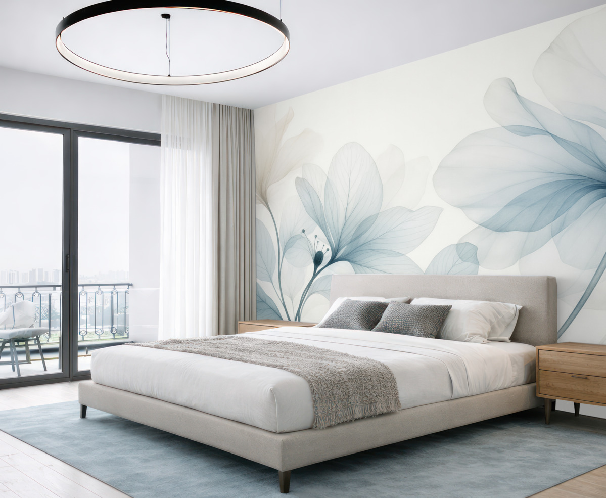 Fototapeta Niebieskie abstrakcyjne rośliny z delikatnymi, półprzezroczystymi płatkami oraz subtelnymi detalami na jasnym tle.