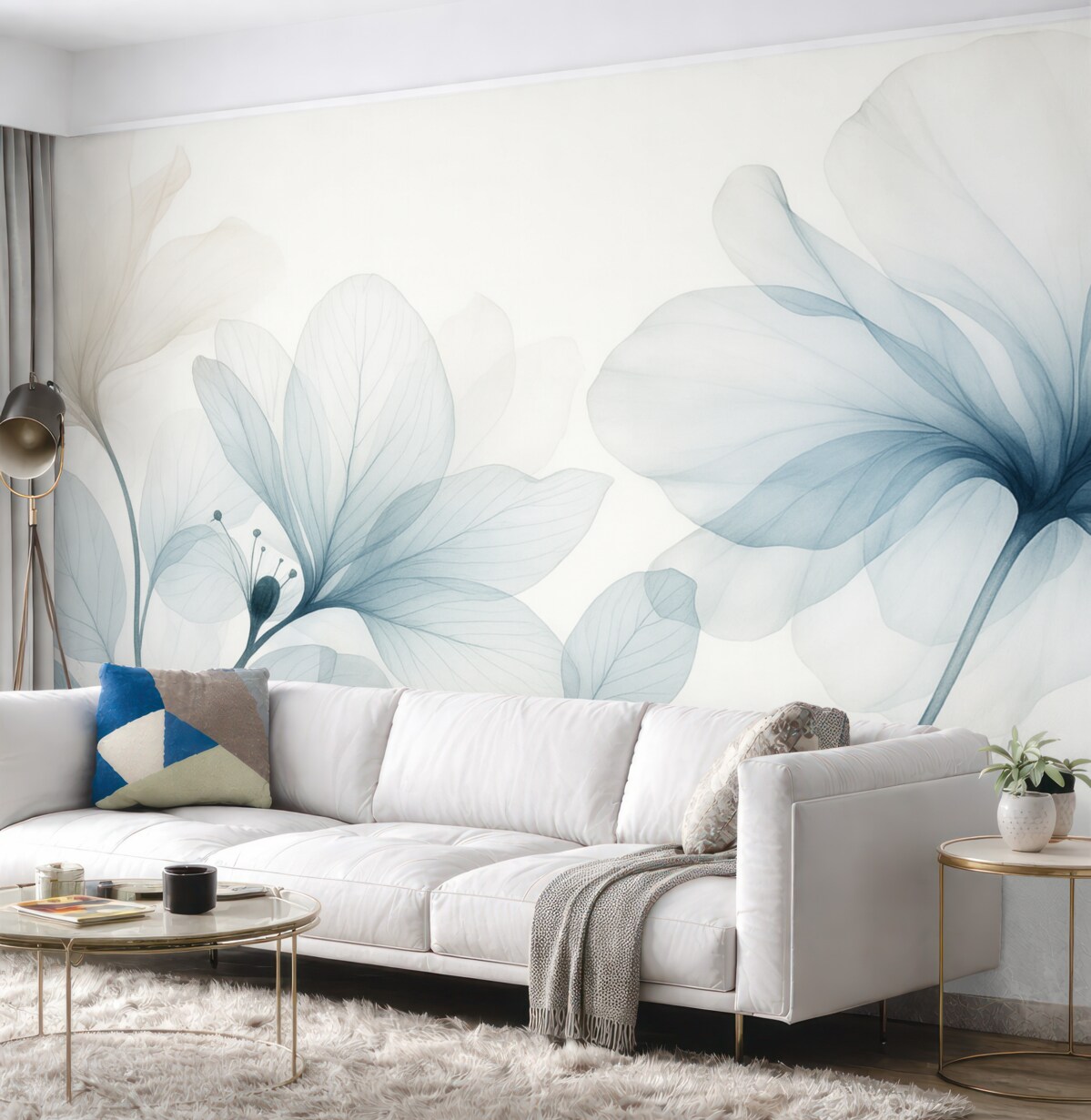 Fototapeta Niebieskie abstrakcyjne rośliny z delikatnymi, półprzezroczystymi płatkami oraz subtelnymi detalami na jasnym tle.