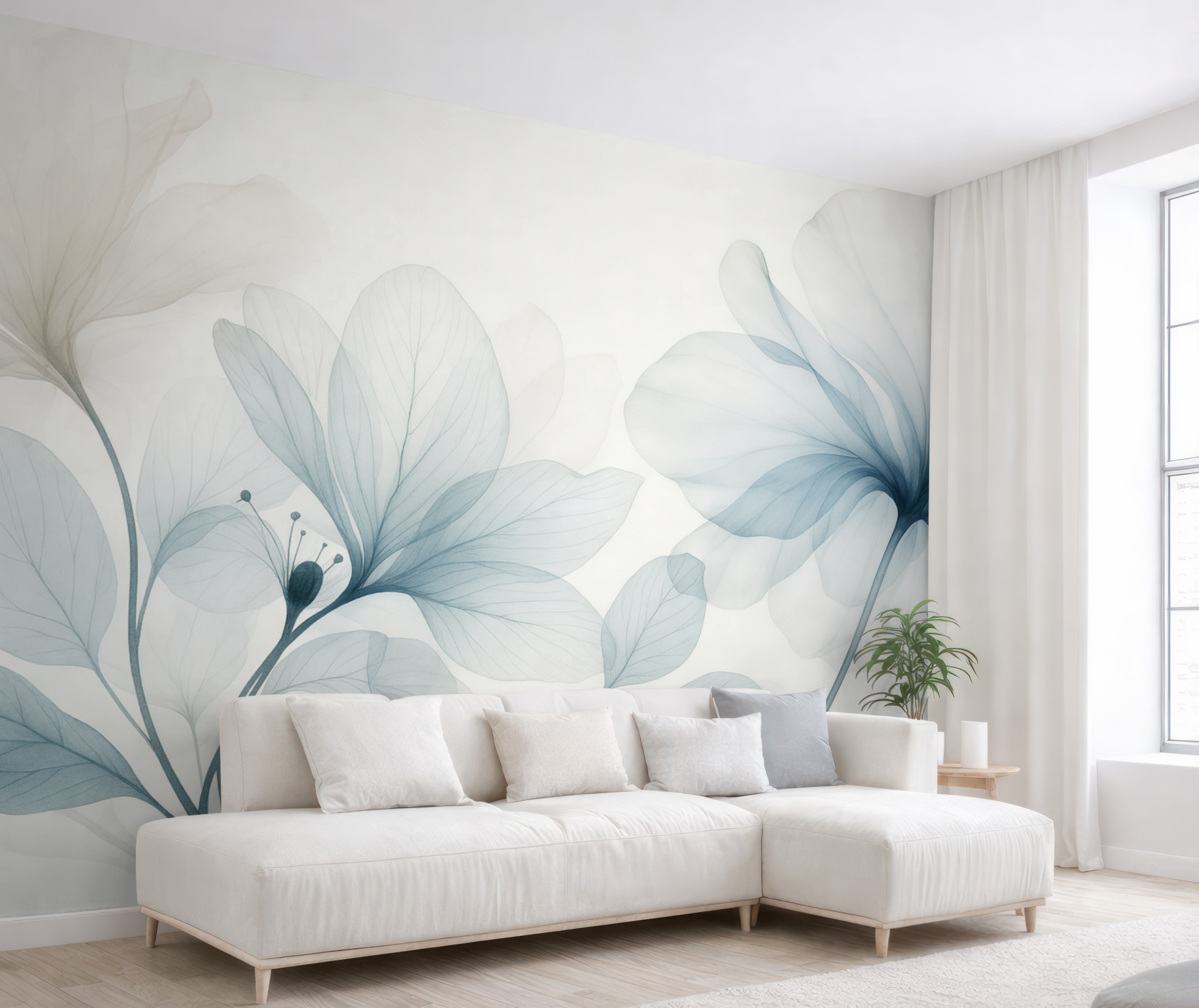 Fototapeta Niebieskie abstrakcyjne rośliny z delikatnymi, półprzezroczystymi płatkami oraz subtelnymi detalami na jasnym tle.