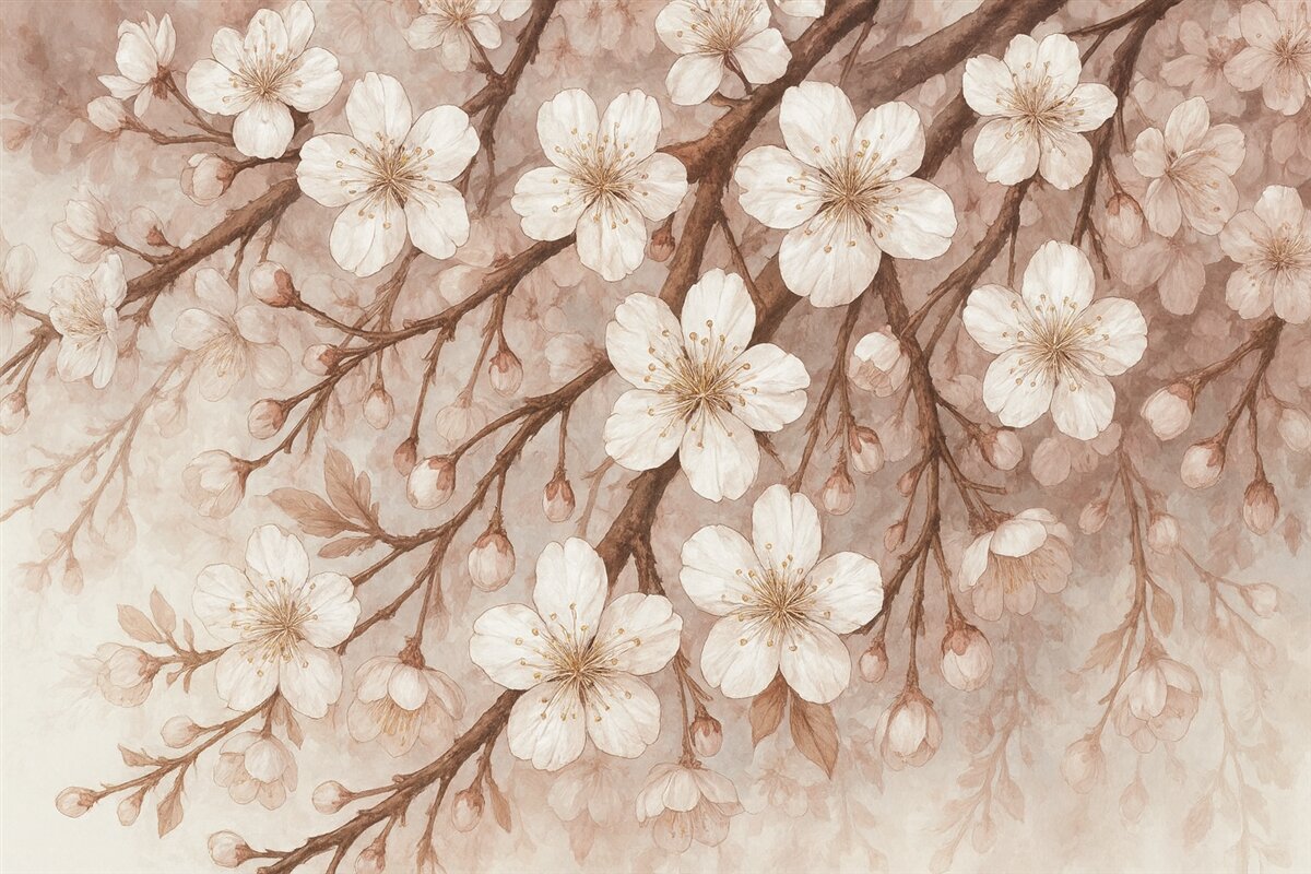 Fototapeta Gałęzie kwiatów wiśni z subtelnymi białymi kwiatami i różowymi akcentami na jasnoniebieskim tle.