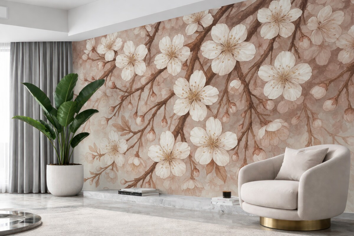 Fototapeta Gałęzie kwiatów wiśni z subtelnymi białymi kwiatami i różowymi akcentami na jasnoniebieskim tle.