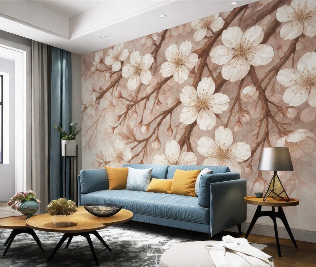 Fototapeta Gałęzie kwiatów wiśni z subtelnymi białymi kwiatami i różowymi akcentami na jasnoniebieskim tle.