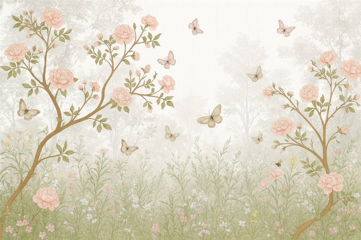 Fototapeta Subtelne różowe kwitnące drzewa, unoszące się motyle i zielone liście powiązane ze smukłymi konarami.